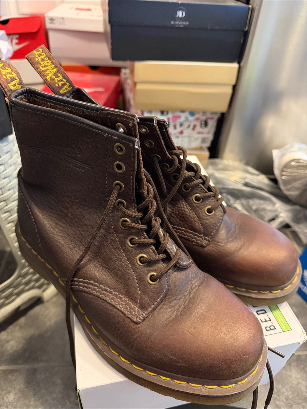 Men Dr. Martens Brown Leather 8-Eye Lace-Up Boots with Yellow Stitching